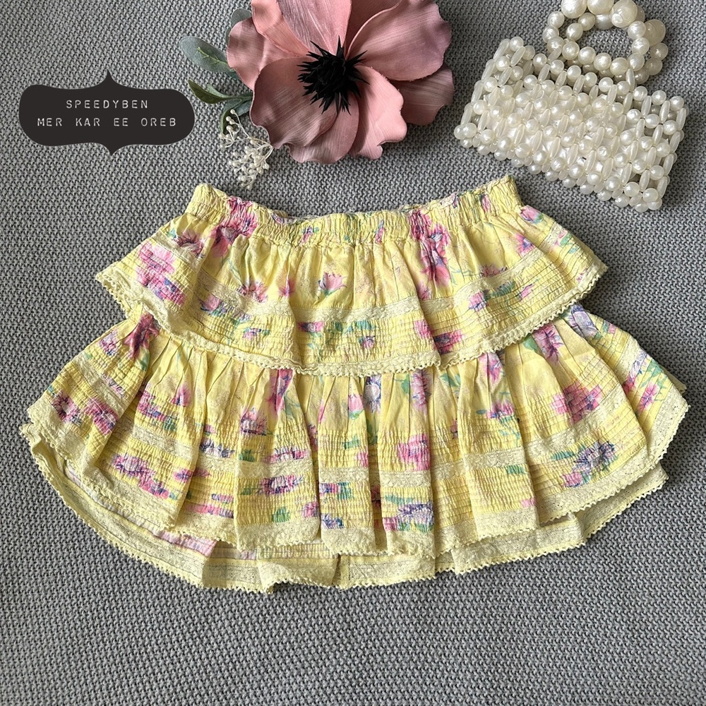 LoveShackFancy Ruffle Mini Skirt Size Large Yellow floral